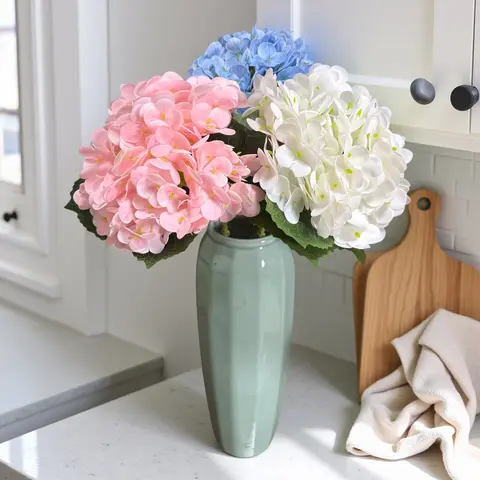 YBLIOUKE 6-Piece 21in Real-Touch Silk Plastic Hydrangea Artificial Flowers, Decorative Floral Accents for Home Decor, Anniversary Events (White, No-Care)