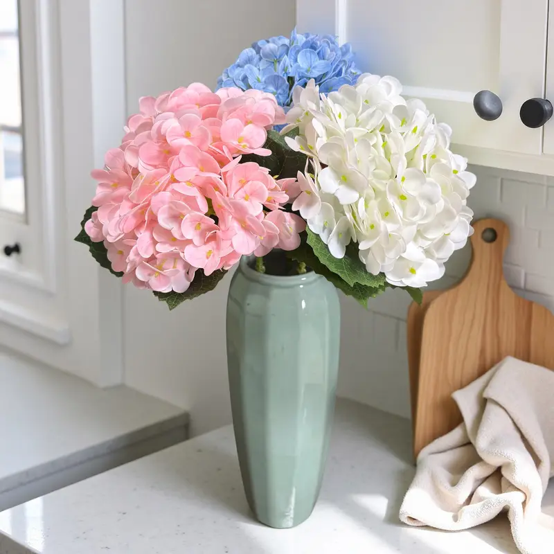 YBLIOUKE 6-Piece 21in Real-Touch Silk Plastic Hydrangea Artificial Flowers, Decorative Floral Accents for Home Decor, Anniversary Events (White, No-Care)