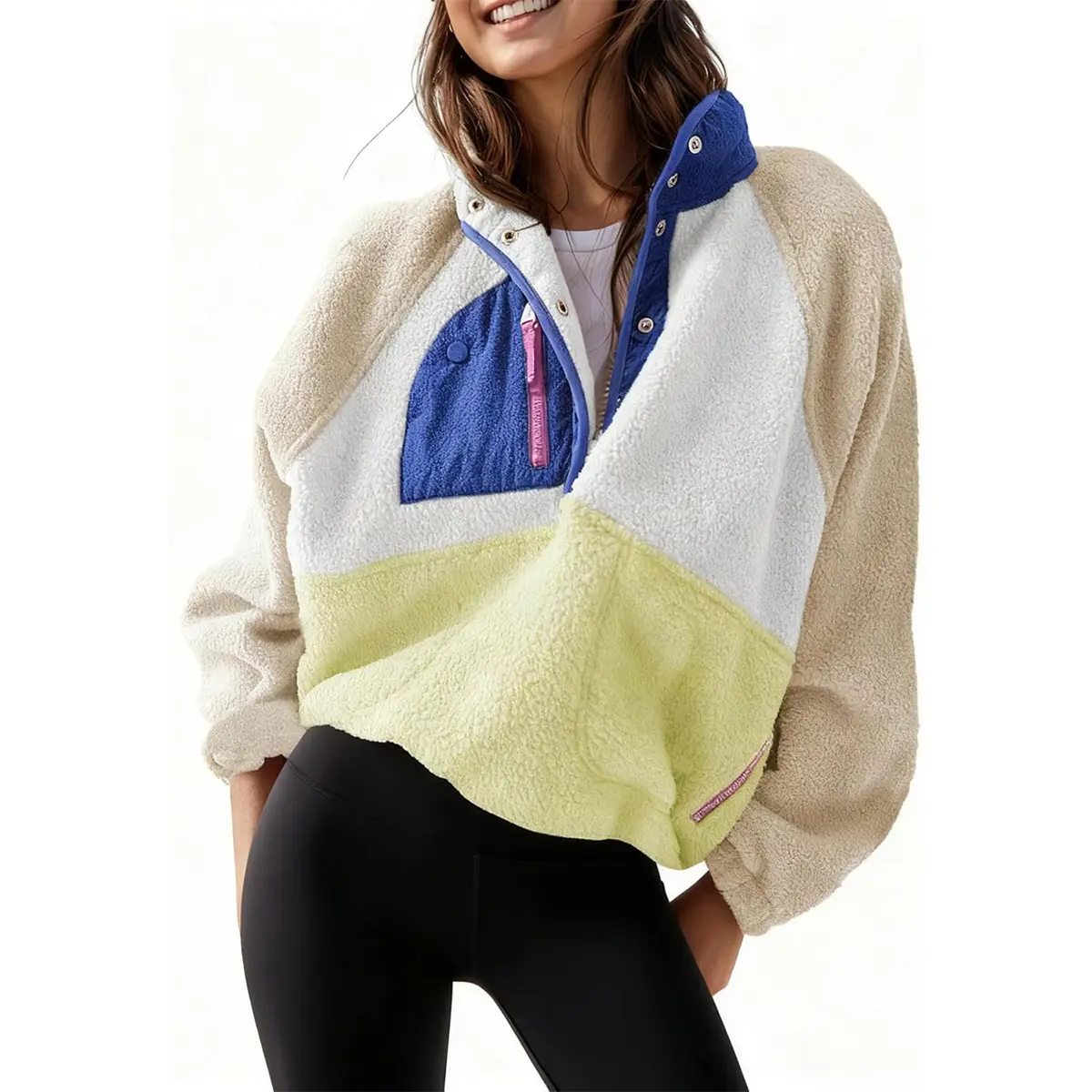 Mibbory Lightweight Fleece Pullover Jacket for Women Cropped Fall Winter Fuzzy Sherpa Jacket Sweatshirt Coat with Pockets Casual Long Sleeve Womenswear