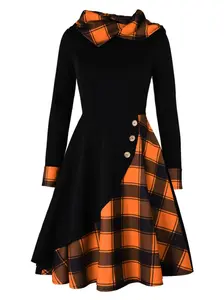 Orange 1950s Plaids Hooded Patchwork Fall Dress - 100% Polyester Knee-Length Women's Dress with Side Concealed Zipper