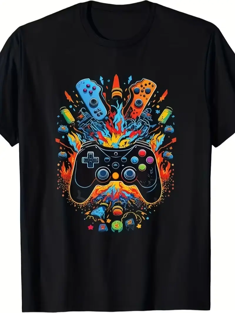 Dynamic Gaming Graphic T-Shirt—A black tee featuring a vibrant game controller graphic, colorful flames, and a retro controller design; an ideal gift for gamers and a great casual choice for gaming enthusiasts