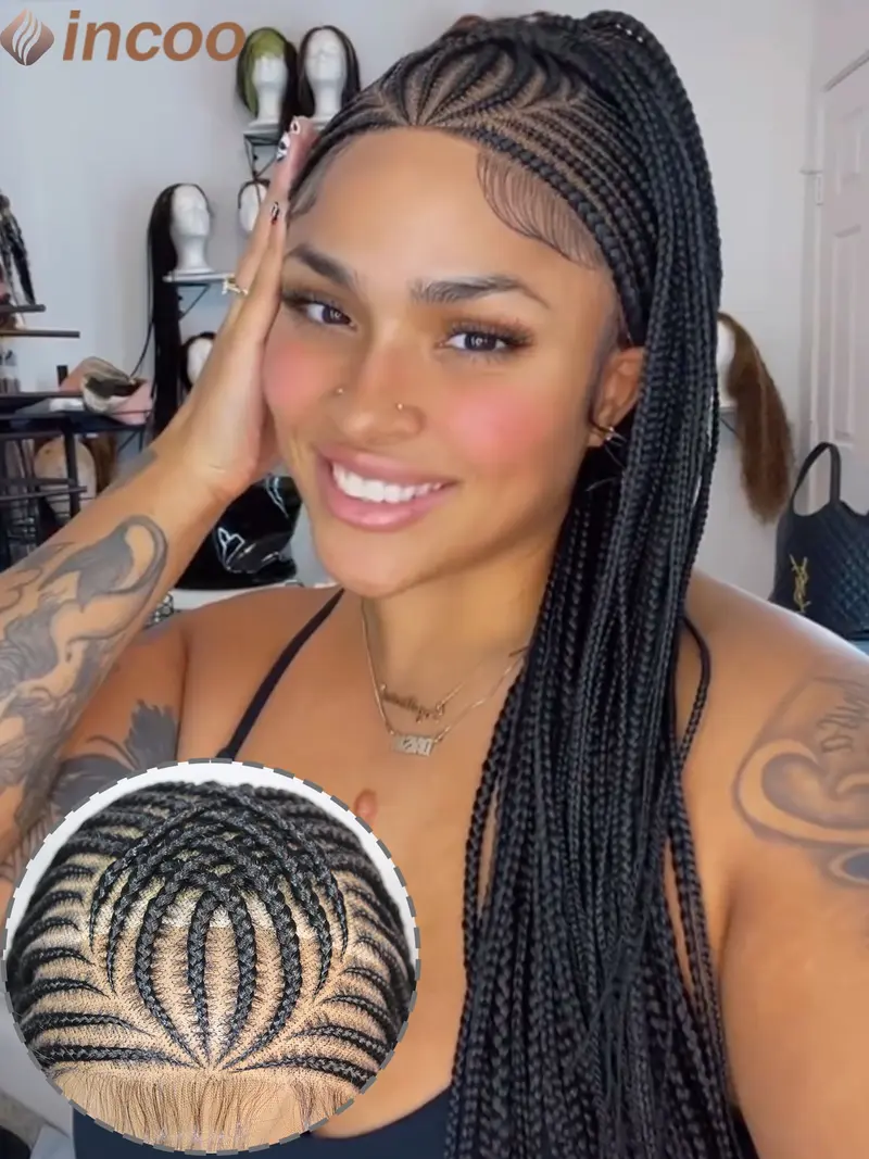 Women's 36inch Full Lace Front Long-length Hand Hook Hair Lace Braiding Wig, Synthetic Braided Lace Wigs with Baby Hair for Summer Party, Daily Use, Lightweight Easy To Wear, Fall Outfits, Fall Freshness Braids Hairstyles Beginners Glueless Wig,  Wigs for