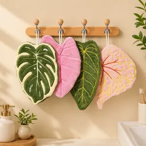 4PCS Tropical Plant Hanging Hand Towels, Thick Double-Layer Absorbent Coral Fleece Kitchen Towels with Loop, Quick-Dry Cleaning Cloths for Kitchen & Bathroom
