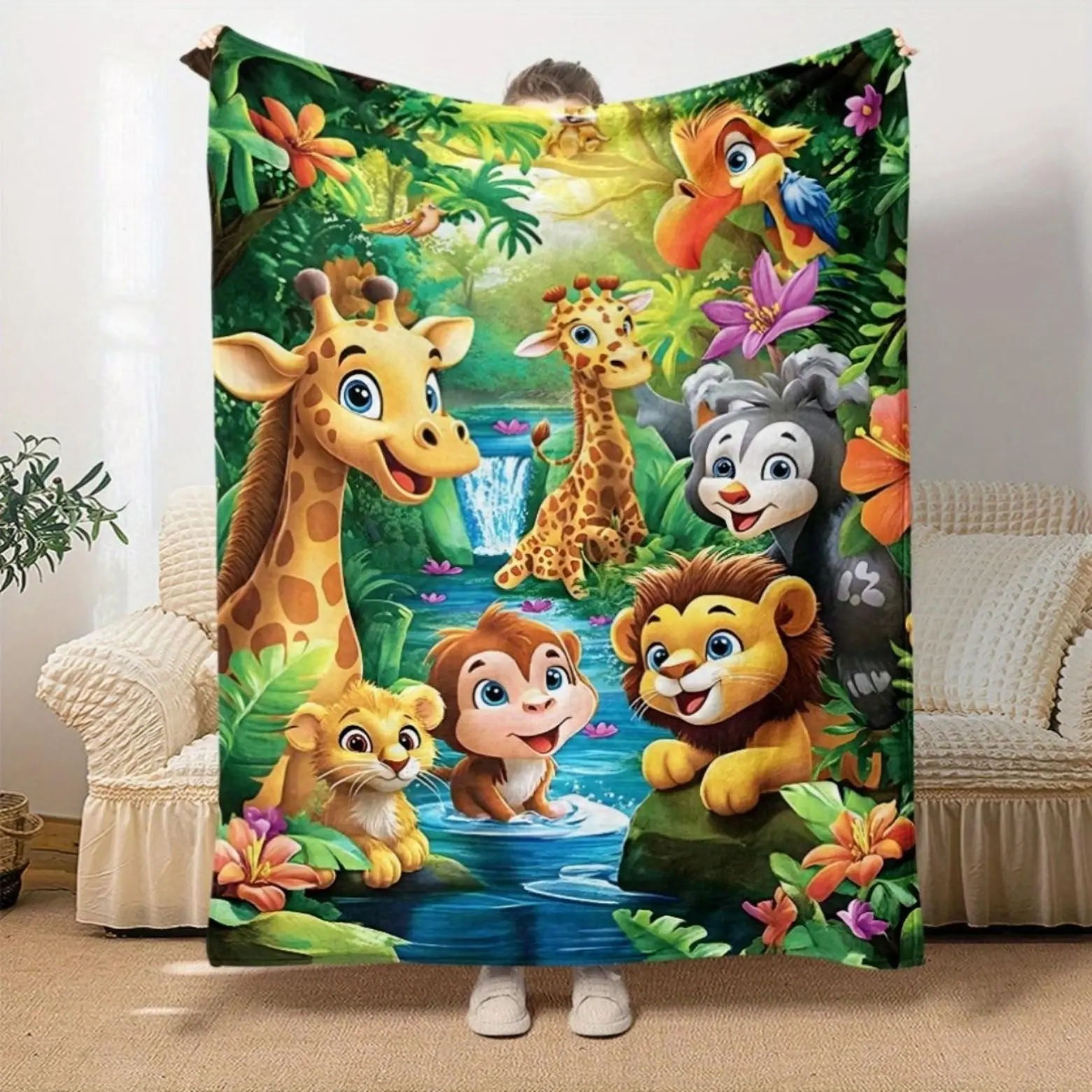Soft Funny Jungle Animals Flannel Fleece Throw Blanket Digital Print Giraffe Monkey Lion Lightweight Cozy All-Season Versatile For Sofa Bed Travel Office Living Room Chunky Knit Uncharged