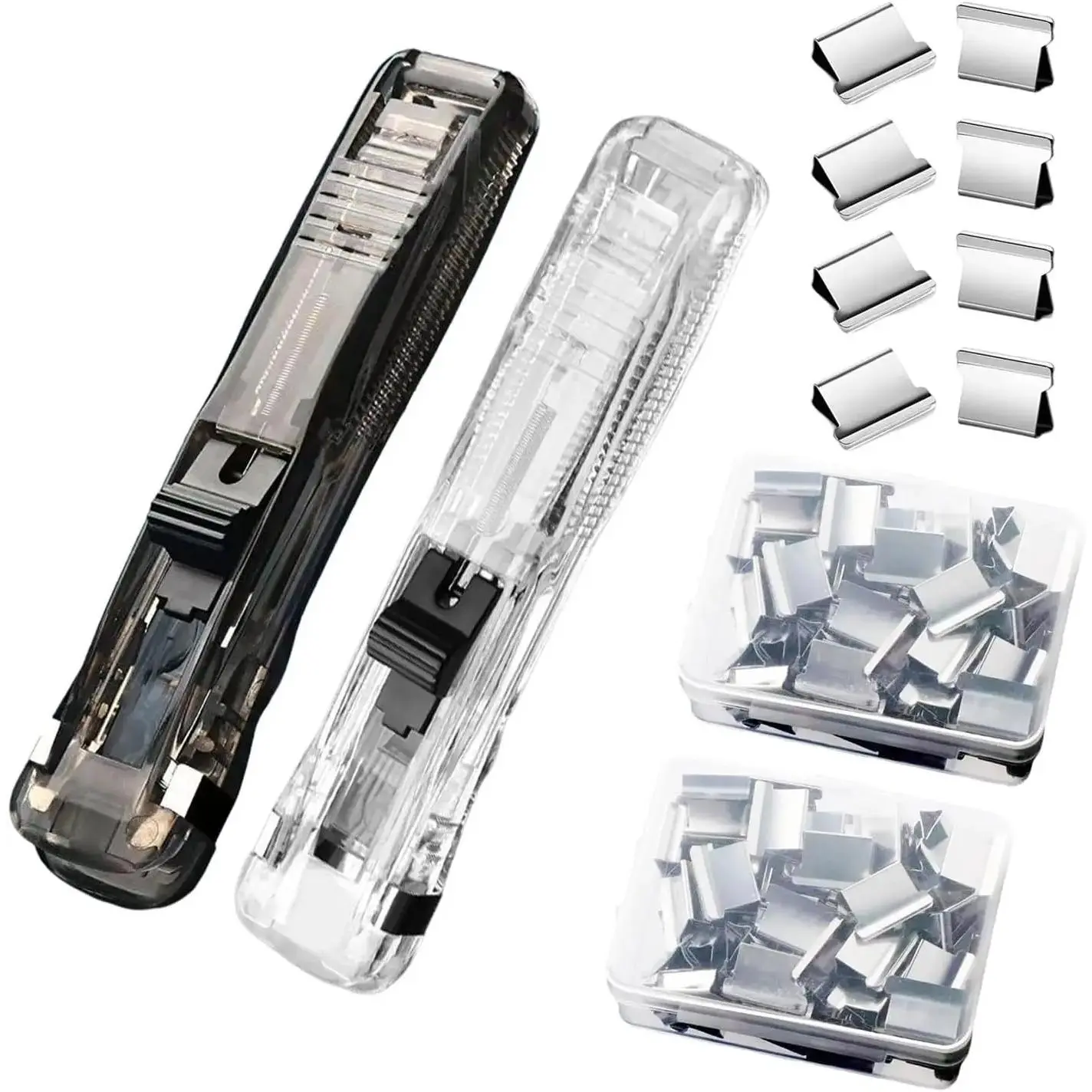 2 Pcs Handheld Reusable Creative Stapler Push Stapler Clips Paper Clamp Dispenser 40 Sheet Capacity with 100 Stainless Steel Refill Binder Clips for Office Document School Supplies