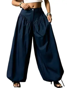 Wide Leg Drop Asymmetrical Ruched Waist Drawstring Hem Pants for Women's Casual Wear Bottom Blue Woven Fabric High Waist Long Length - Clothes