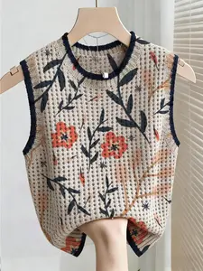 Boho Style Summer Vacation Lightweight Knit Top, Casual Chic Knitwear, Loose-Fitting Round Neck Sleeveless Hollow Out Color Block Cardigan, Women's Floral Print Sweater