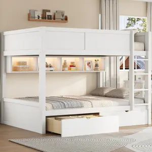 Full XL over Full XL Bunk Bed with Bookcase Storage Cabinets, LED Light and 2 Drawers, Solid Wood Bunk Bed Frame