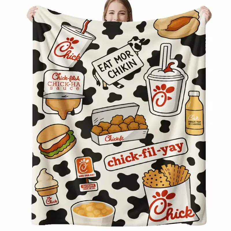 1pc Chick Fil A Themed Flannel Blanket | Lightweight Durable Acrylic Throw With Iconic Menu Print, Chicken Nuggets, Fries, Milkshakes, All Season Bedspread, Couch Cover, Ideal Gift For Fans