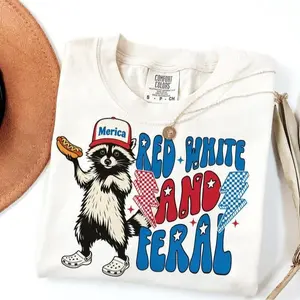 Comfort Colors Red White And Feral Shirt , Funny USA Shirt, Funny Raccoon Shirt, 4th Of July, Feral, Hotdog Raccoon, Merica funny graphic tees