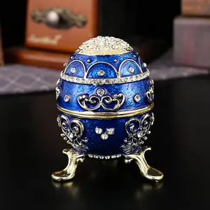 Luxury Enamel Faberge Style Easter Egg Jewelry Box, Rhinestone Decorative Storage Case, Solve Necklace Tangles & Vanity Clutter