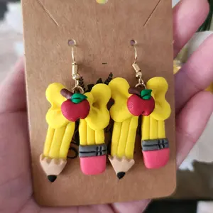 Pencil Bow Earrings with Apple Detail - Creative Design Accessory