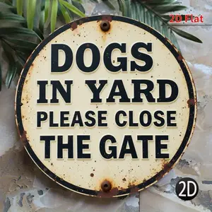 2D Flat, 1pc Dogs in Yard Metal Sign, 7.8x7.8 inches, Please Close the Gate, Round Iron Warning Plaque, Ideal for Patio, Porch, Garage, Home, Cafe, Wreath Centerpiece, Door & Wall Decor, Street & Courtyard Safety Notice, Dog Decor