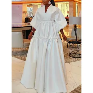 Women’s Elegant High-Waisted Long Dress, Bubble Sleeves, Ruffled Hem, Solid Color V-Neckline, Loose-Fit Woven Fabric, Suitable for All Seasons