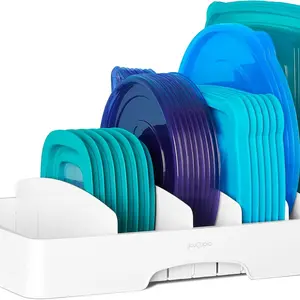 StoraLid Food Container Lid Organizer, Large, BPA-Free Adjustable Plastic Lid Storage for Kitchen Cabinet and Drawer Organization, White