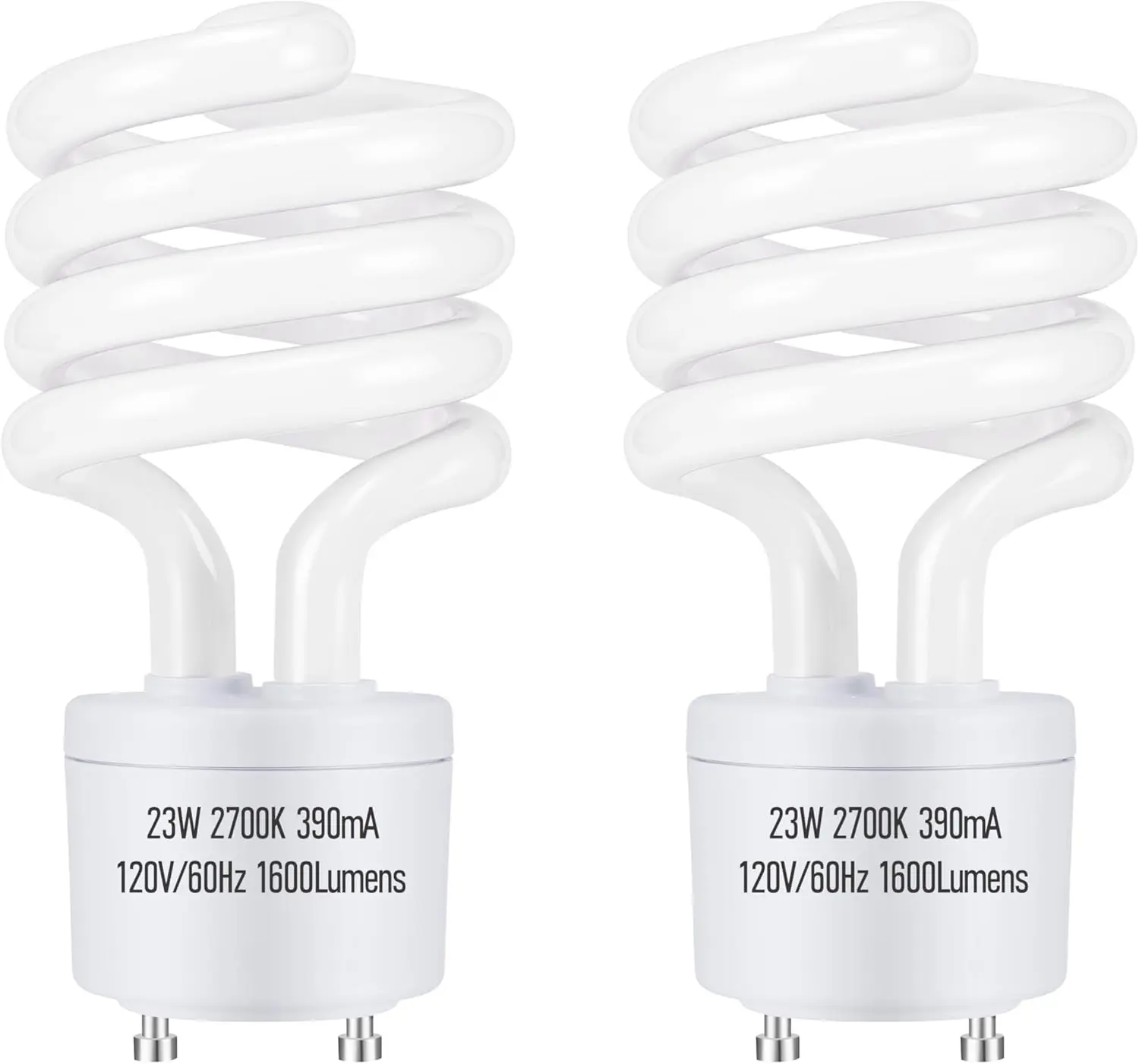 GU24 23Watt 2700K 1600lm CFL Light Bulbs, T3 Spiral Gu24 Base 2 Prong (100W Equivalent) Soft White Compact Fluorescent Light Bulbs, UL Approved, 120v 60Hz, Self Ballasted, Indoor Use (2 Pack)