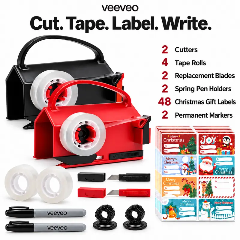 Veeveo Wrapping Paper Cutter & Tape Dispenser, 2-Pack Christmas Gift Wrapping Kit for Home & Crafters, Accessory Option: 4 Tape Rolls, 2 Spare Blades, 2 Pen Holders, 2 Markers, 48 Labels (6 Sheets) Projects Everyday Table Birthday