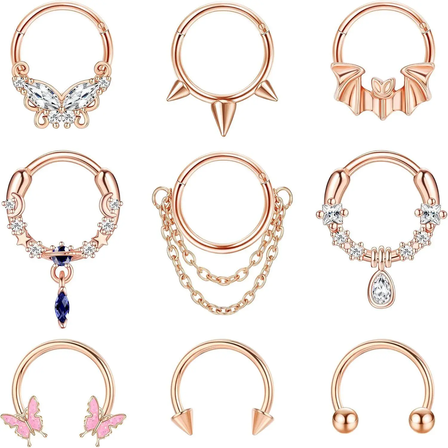9Pcs 16G Septum Rings for Women Men Stainless Steel Dangle Septum Jewelry Blue Planet Teardrop CZ Butterfly Bat Spiked Daith Earrings Hoop Nose Rings Cartilage Helix Septum Piercing Jewelry