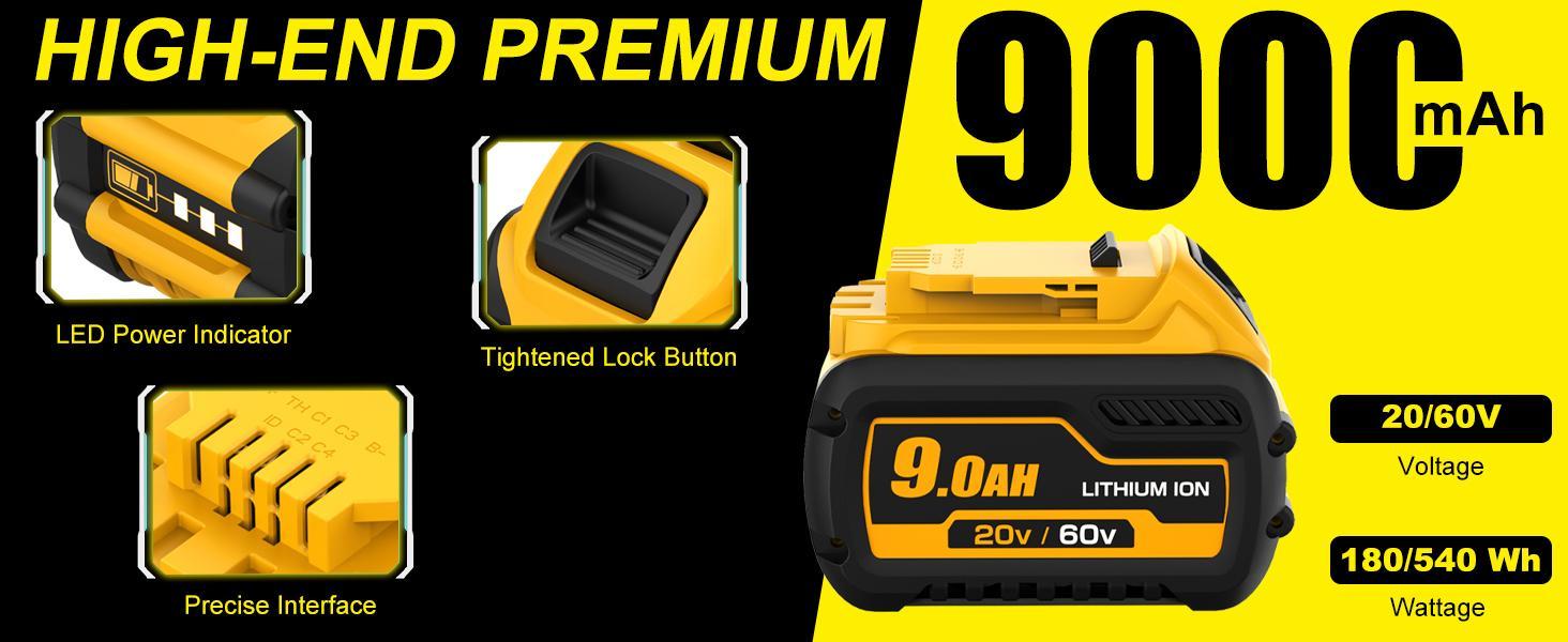 4-Pack 9000MAh FlexVolt Battery for Dewalt 20V/60V Max, Lithium-Ion Replacement Fits DCB606 DCB609 DCB612 Power Tools