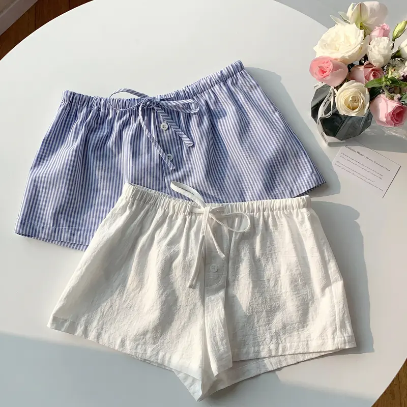 Women's 2-Piece Striped Casual Lady Shorts - Elastic Adjustable Strap Waist, Loose Wide Leg, Lightweight Breathable Fit, Blue and White Beach Everyday Summer Bottoms