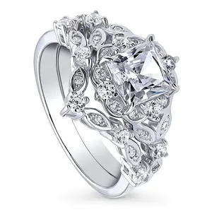 BERRICLE Sterling Silver Halo Wishbone Art Deco Chevron V Shaped Engagement Rings Stackable Band for Women, Princess Cut Cubic Zirconia CZ Ring Set