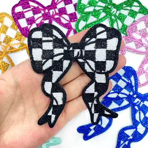 CY 8pcs Glitter Checkerboard Bow Iron On Patches Embroidered Applique for Trucker Hats Clothes Sweatshirt Jackets Bags DIY Decoration,Black