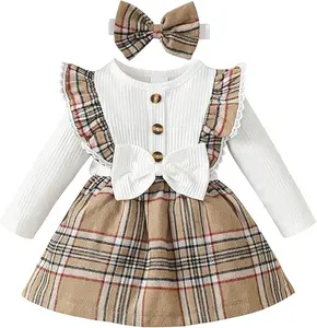 Newborn Baby Girl Christmas Romper Dress Ruffle Sleeve Plaid Onesie with Headband Cute Gift Outfits