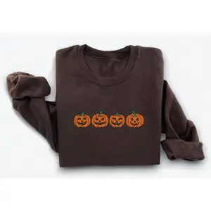 Embroidered Pumpkin Sweatshirt - Jack-o-Lantern Fall Halloween Crewneck Sweatshirt
