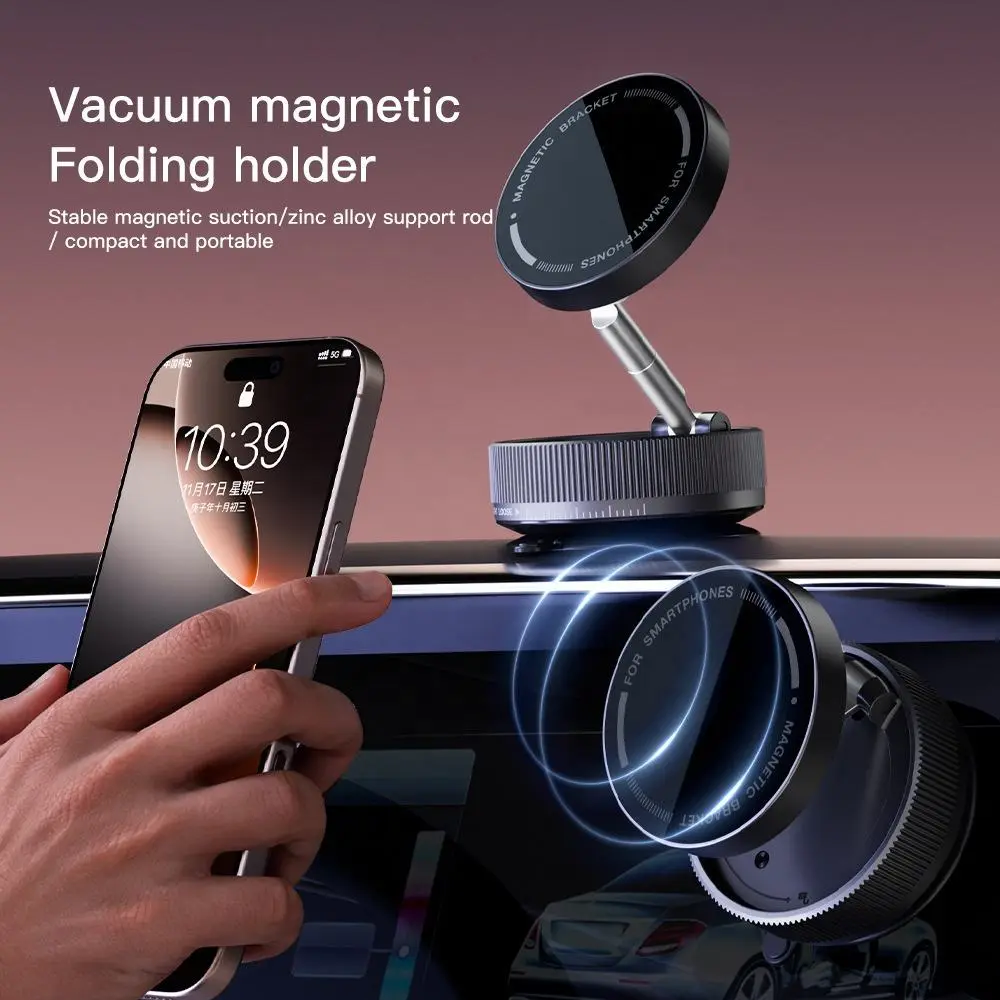 Magnetic Car Phone Holder Foldable Dashboard Mount with 360 Rotation Vacuum Suction Cup and Zinc Alloy Arm, Universal Magnetic Phone Mount for Car Compatible with All Smartphones