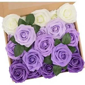 Artificial flowers, 25 roses, perfect for DIY weddings, bridesmaids, brides, bouquets, home decor, purple ribbon rose bouquet Decorative Decoration