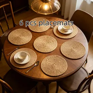 6-piece set of 30cm hand-woven natural water hyacinth placemats, round, rustic-style, heat-resistant, eco-friendly, and non-slip mats, suitable for farmhouse and bohemian-style restaurant decor.