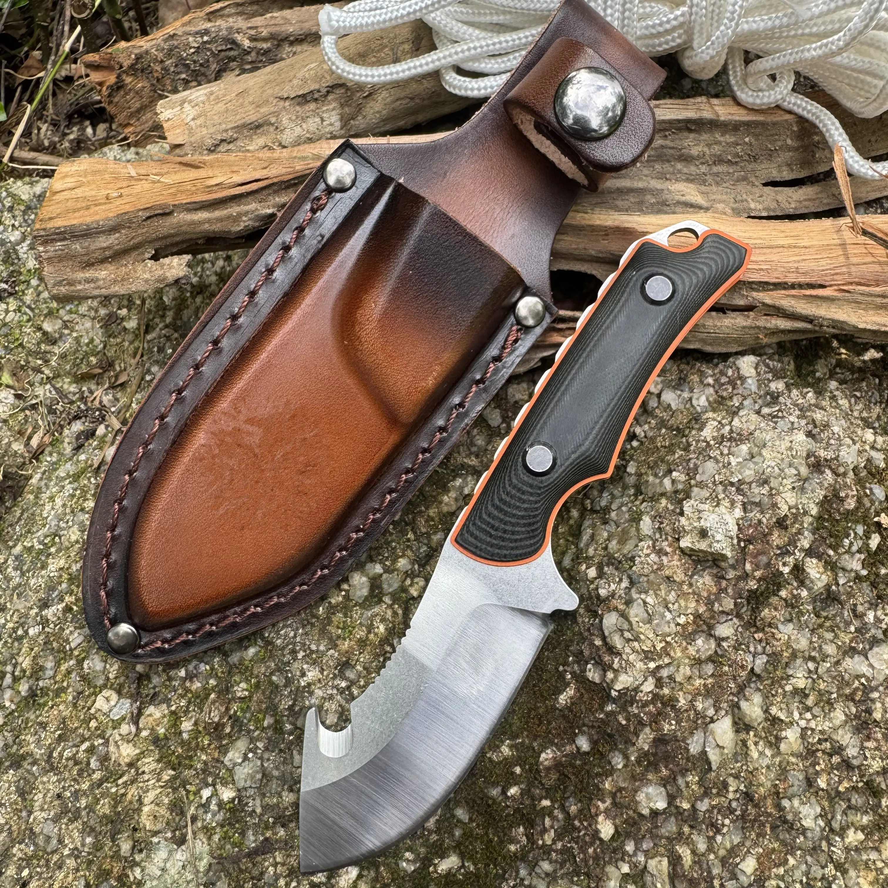 15018 EDC Fixed Blade Knife - 6.89" Total Length, 9Cr13MoV High Carbon Stainless Steel Blade, 2-Tone G10 Handle, 4.76 oz, Leather Sheath, Lightweight Tools, Outdoor Survival Supplies, Camping Essential, Male Gift