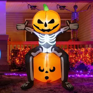 Halloween Inflatables 5FT Skull Skeleton Pumpkin Head with Built-in LEDs Blow Up Yard Decoration for Holiday Party Indoor, Outdoor, Yard, Garden, Lawn