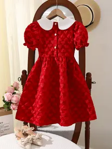 Girls' Casual A-Line Dress, Heart Print, Button Front, Short Sleeve, Spring Summer, Elegant Style, Perfect for Outdoor Activities