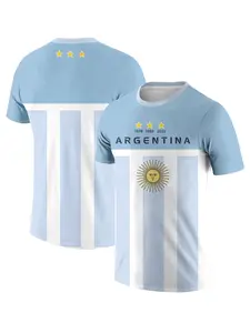 Argentina Commemorative Soccer Jersey T-Shirt, Football Jersey, Star Sun Print Short Sleeve, Quick-Dry Sweat-Wicking Fabric, Suitable for Intense Sports & Daily Wear