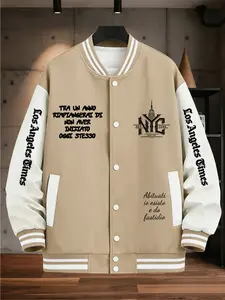 Men's Colorblock Streetwear Vintage Nyc Empire State Print Baseball Collar Casual Sport Jacket, Fitted All Seasons