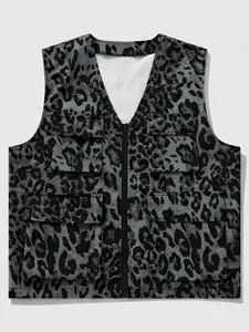 Men's Leopard Print Pocket Zip Up Waistcoat Vest Jacket Gilet, Regular Fit Casual Breathable Lightweight Sleeveless Outerwear for Hiking Outdoor Camping Daily Wear, Men Clothes for Summer, Tops