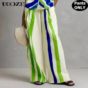 UOOZEE Women's Boho Striped Green & Blue 100% Polyester Wide Leg Pants, Elastic Waist, Breathable Lightweight Flowy Casual Summer Beach Trousers with Pockets