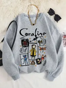 Women's Cartoon Coraline Graphic Print Crew Neck Sweatshirt Crewneck, Casual Long Sleeve Pullover, Women's Fall & Winter Clothes for Daily Wear