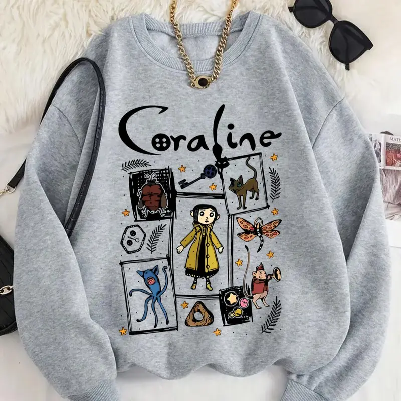 Women's Cartoon Coraline Graphic Print Crew Neck Sweatshirt Crewneck, Casual Long Sleeve Pullover, Women's Fall & Winter Clothes for Daily Wear, Funny Relatable Sweatshirt