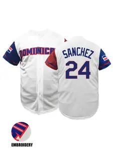 Dominicana #24 Men's Letter & Figure Embroidery Contrast Binding Short Sleeve Baseball Jersey, Soccer Jerseys, Loose Casual Button Front Baseball Top for Training & Competition, Baseball Outfielder Equipment