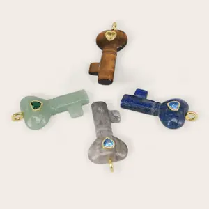 Gemstone Key Pendant with Heart Accent in Assorted Colors for Unique Jewelry Making