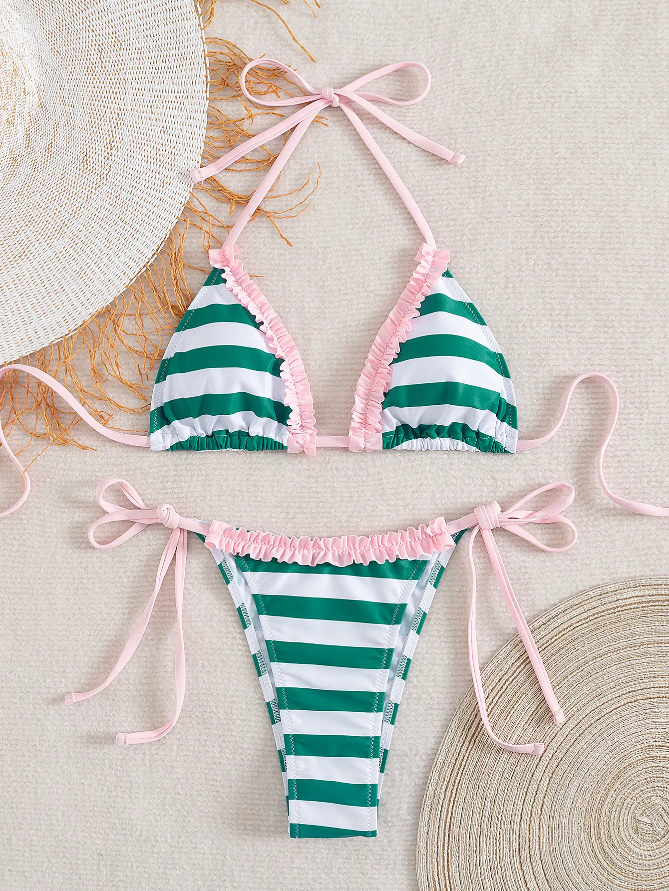 Women's Cute Green & White Stripe Tie Back Bikini Swimsuit Set - Pink Accent Bathing Suit with Side Ties, Summer Beach Outfit, Tie Back Bikinis - TikTok Shop Women's Cute Green & White Stripe Tie Back Bikini Swimsuit Set - Pink Accent Bathing Suit with Side Ties, Summer Beach Outfit, Tie Back Bikinis - TikTok Shop