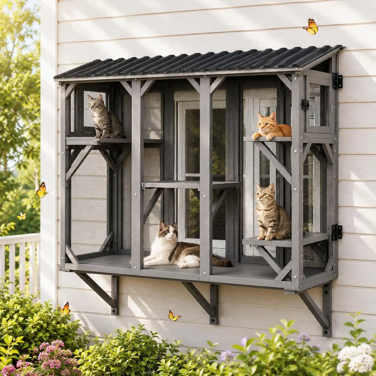 70" Window Catio Cat Enclosure, Outdoor Wood Cat House, Grey | 3 sided window access with fine mesh screen and removable tunnel ready door for active indoor cats