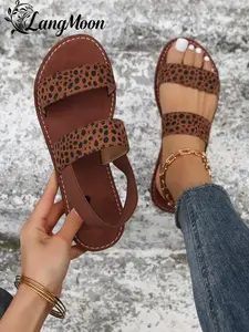 Langmoon Leopard Print Flat Sandals, Vintage Design with Adjustable Back Strap, Round Toe Open Toe, Comfortable Non-Slip Sole, Elegant Fashionable Sandals