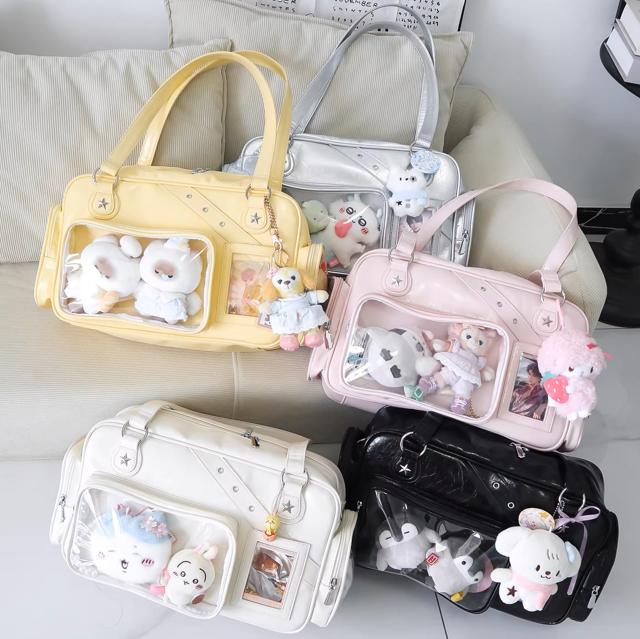 Large Capacity Ita Bag with Star Accent, Transparent Pocket Anime Badge Display Tote Bag, Kawaii Aesthetic Anime Merch Bag for Cosplay & Daily Use, Cute Casual Shoulder Bag for Anime Girls