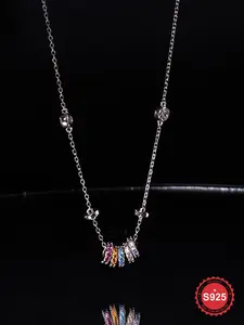 S925 Sterling Silver Fashion Colorful Artificial Zircon Inlaid Pendant Necklace for Women & Girls, Fashion Jewelry for Party, Daily Decor, Trendy All-match & Exquisite Jewelry for Birthday Gift