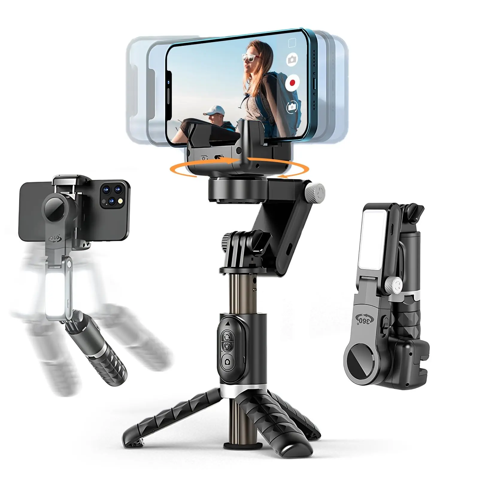 Three-axis gimbal stabilizer, portable gimbal tripod, auto-balancing handheld selfie stick, smart tracking tripod mount, with Bluetooth remote control and lighting, suitable for Vlog, video recording, and live streaming