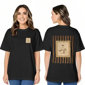 Retro Striped Duck Double Side Print T-Shirt Piece For Women | Artistic Hand Drawn | 2026 Summer Vintage Casual Oversized Tee | Everyday Casual Wear Womenswear Fit