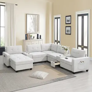 104" L-Shaped Sectional Sofa Set with Storage Console & USB Charger, Movable Ottoman & Acrylic Table Top, Tufted Chenille Modular Couch for Living Room